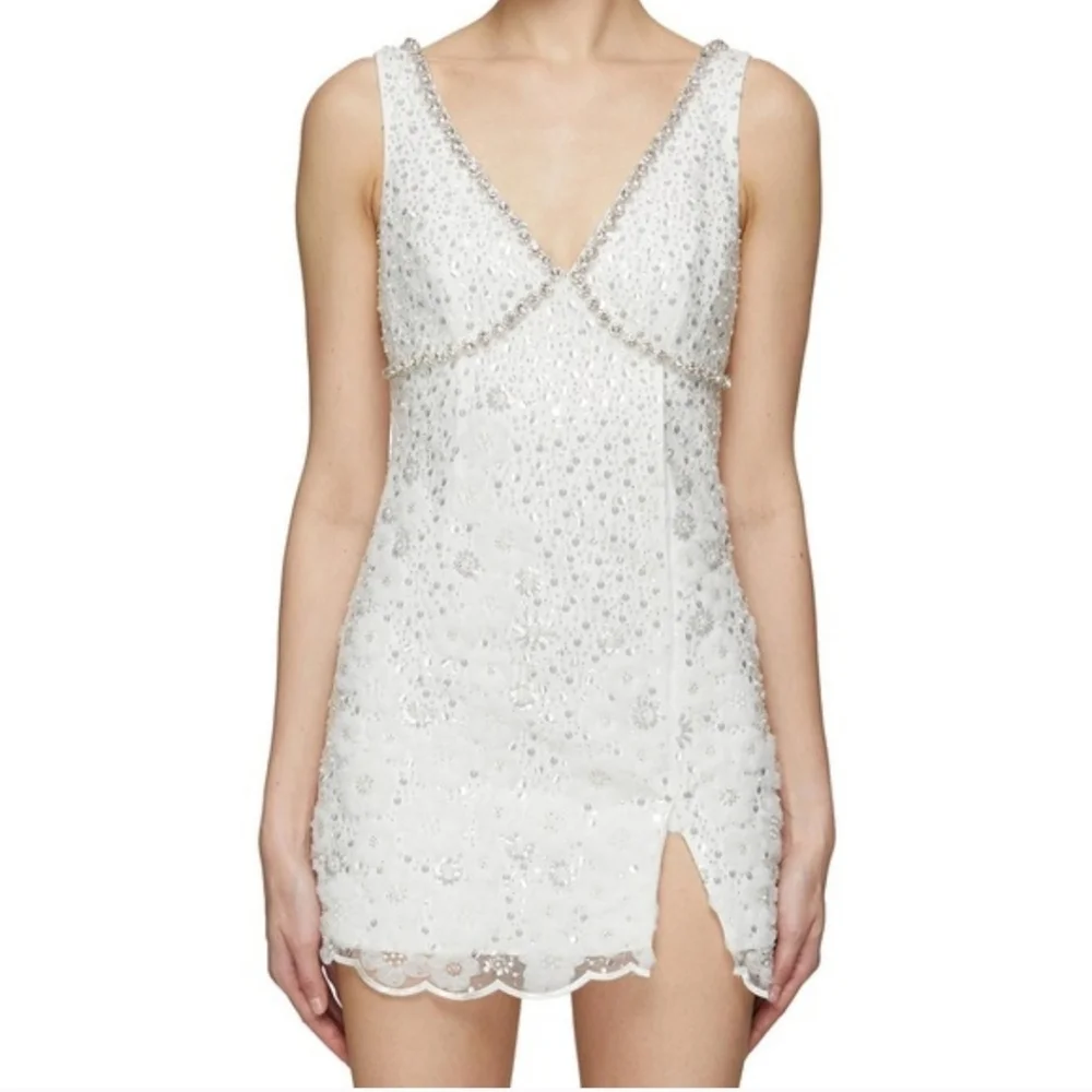 Self Portrait White Beaded Sequin V-neck Mini Dress - Picture 1 of 6
